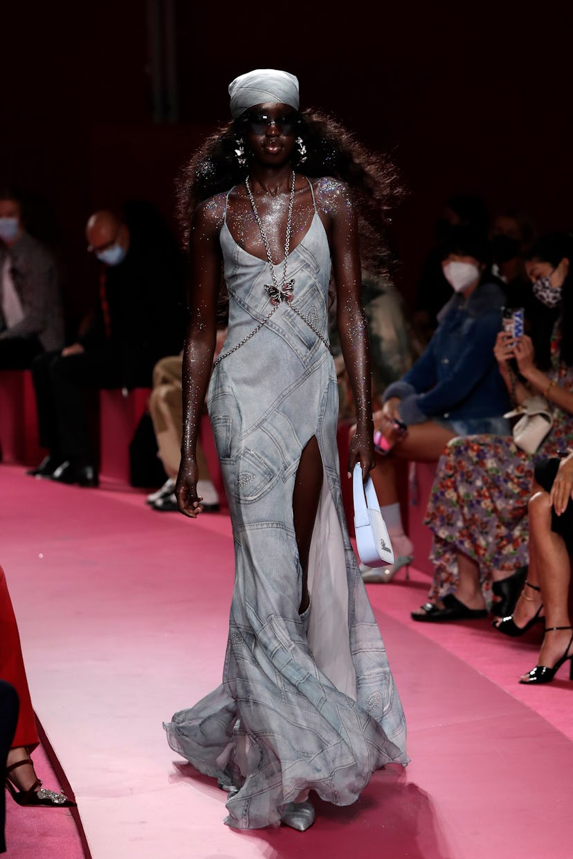 MILAN, ITALY - SEPTEMBER 23: A model walks the runway at the Blumarine fashion show during the Milan...