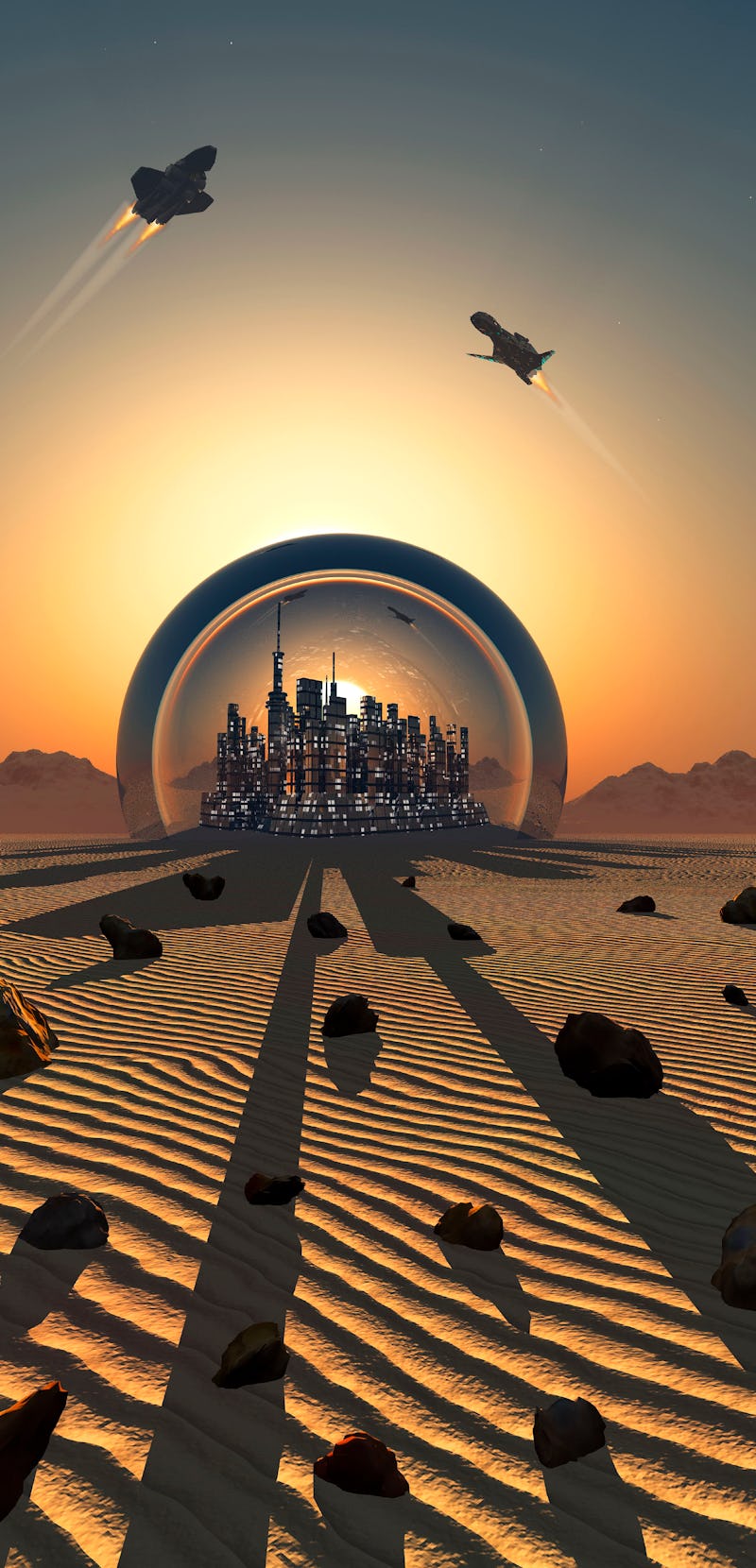 Futuristic City in Protective Sphere on the Surface of the Planet Mars