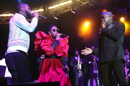 NEW YORK, NEW YORK - SEPTEMBER 22: Pras, Lauryn Hill and Wyclef Jean of The Fugees perform at Global...