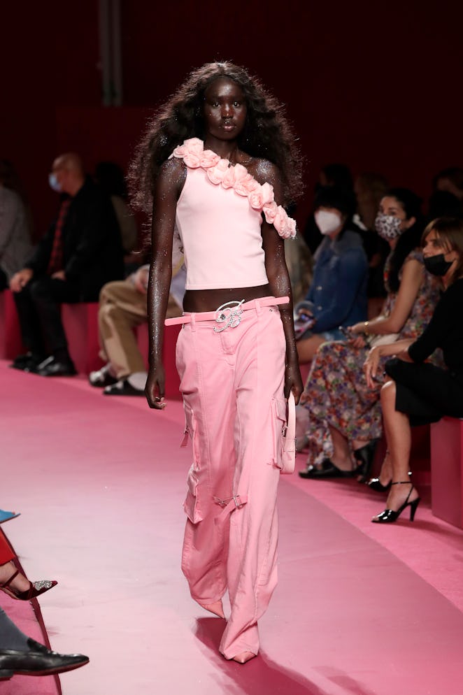 MILAN, ITALY - SEPTEMBER 23: A model walks the runway at the Blumarine fashion show during the Milan...