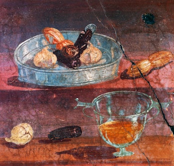 Still life with garlic, dates and honey, two gold and silver coins between the fruit, wall painting ...