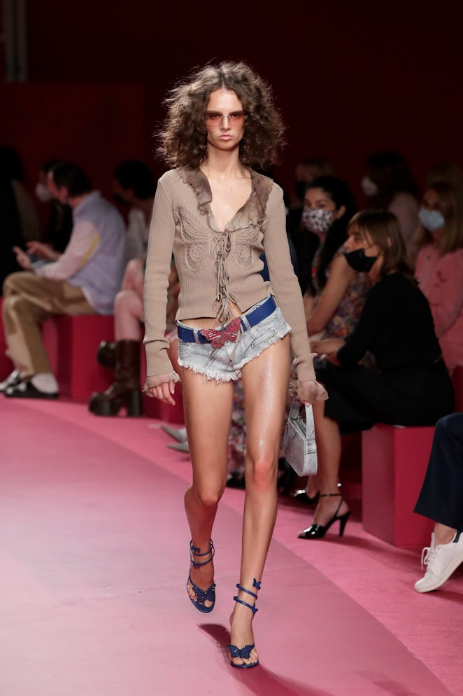 MILAN, ITALY - SEPTEMBER 23: A model walks the runway at the Blumarine fashion show during the Milan...