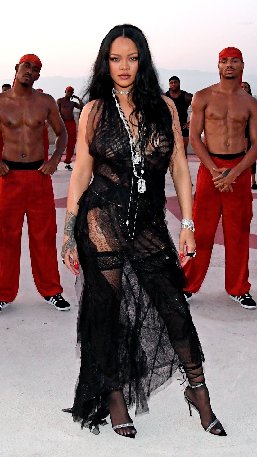 Rihanna in a black dress at the Savage X Fenty Show Vol. 3.