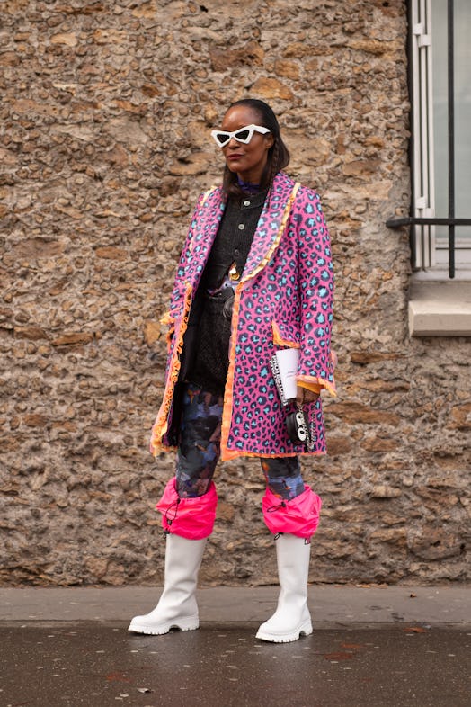 Michelle Elie is seen on the street during Paris Fashion Week AW19 wearing pink/blue leopard print p...