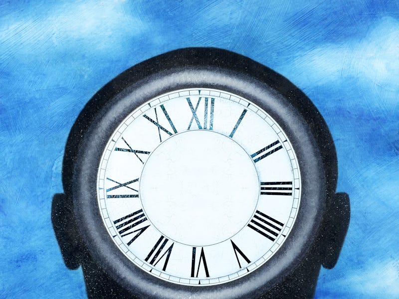 An abstract illustration of a human head blended with a clock and a blue sky background