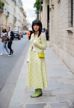 PARIS, FRANCE - JULY 05: Maria Bernad is seen wearing cropped cardigan, yellow checkered skirt, micr...