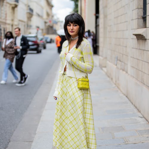 PARIS, FRANCE - JULY 05: Maria Bernad is seen wearing cropped cardigan, yellow checkered skirt, micr...