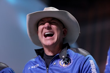 VAN HORN, TEXAS - JULY 20: Jeff Bezos laughs as he speaks about his flight on Blue Origin’s New Shep...