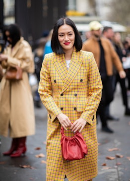 A yellow plaid coat outfit.
