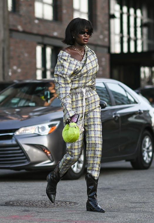 A plaid top and pants outfit. 