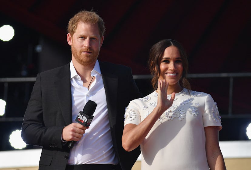 Britain's Prince Harry and Meghan Markle speak during the 2021 Global Citizen Live festival at the G...