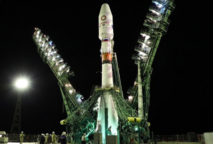 KYZYLORDA REGION, KAZAKHSTAN  SEPTEMBER 14, 2021: A Soyuz-2.1b rocket booster with a Fregat upper st...