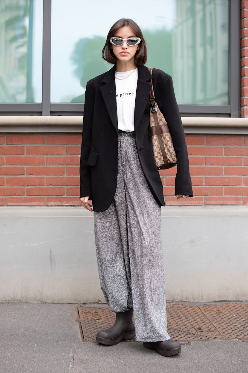 MILAN, ITALY - SEPTEMBER 22:  Nastya Burlaka ahead of the Fendi fashion show wearing Bottega Veneta ...