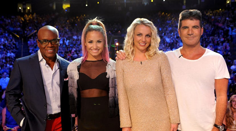 Judges L.A. Reid, Demi Lovato, Britney Spears and Simon Cowell on The X Factor Season 2.