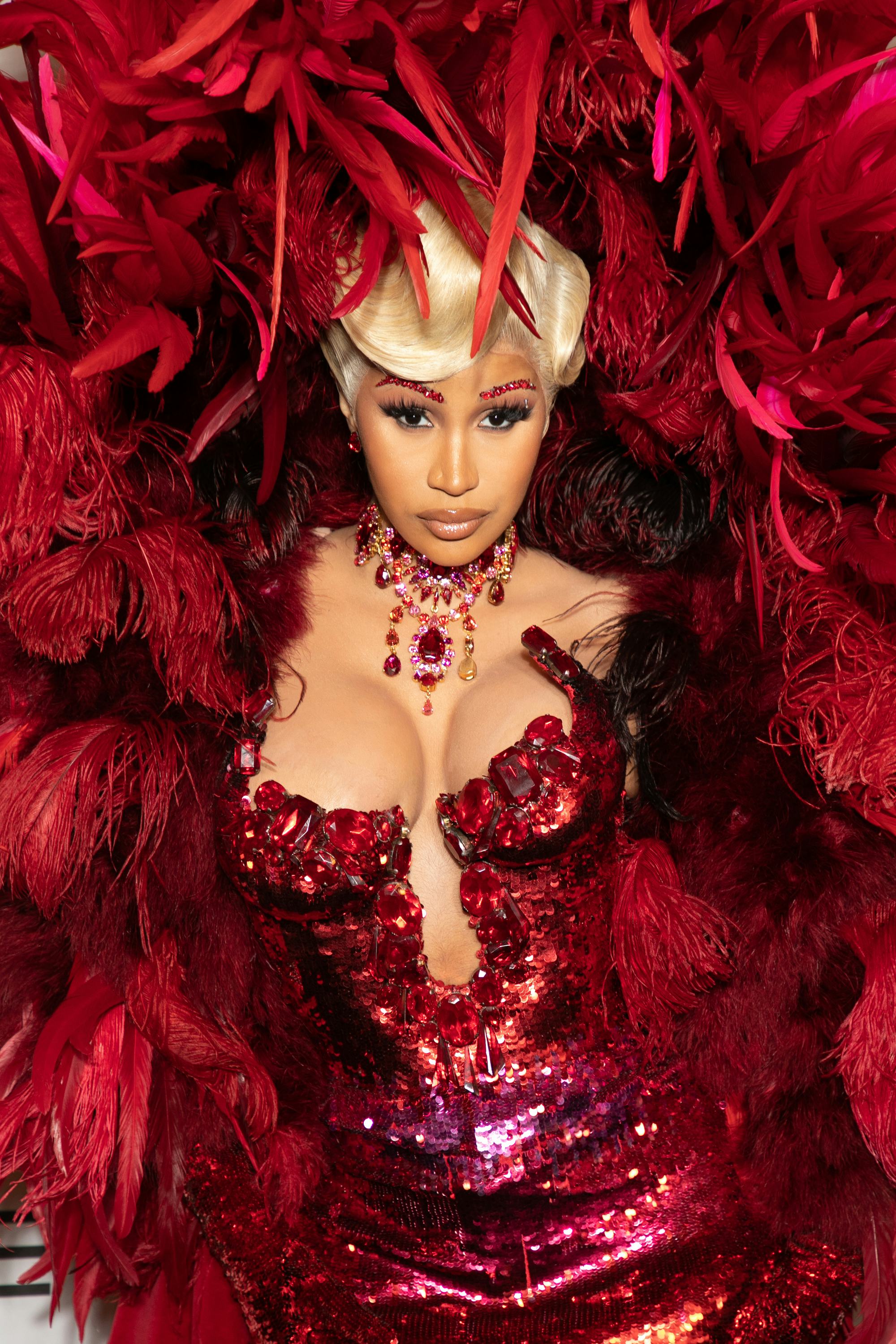 Cardi B Stuns in a Feathered Mugler Gown Just Weeks After