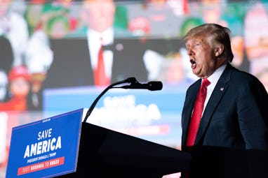 PERRY, GA - SEPTEMBER 25: Former US President Donald Trump speaks at a rally on September 25, 2021 i...