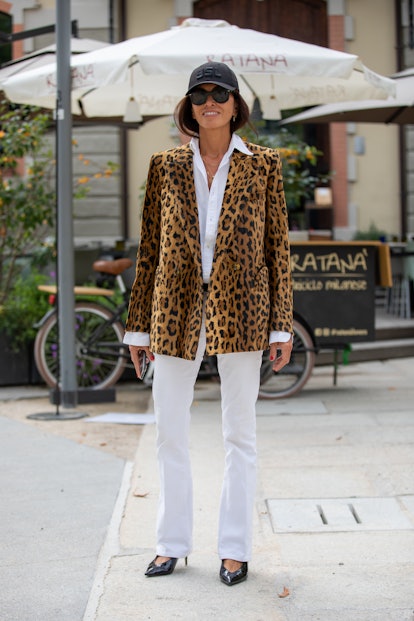 MILAN, ITALY - SEPTEMBER 25: Viviana Volpicella outside MSGM fashion show wearing a leopard print ja...