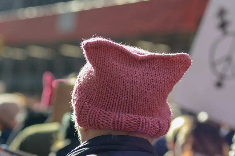 MIDTOWN, NEW YORK, UNITED STATES - 2018/01/20: A woman is seen wearing a Pussy Hat during the 2018 W...