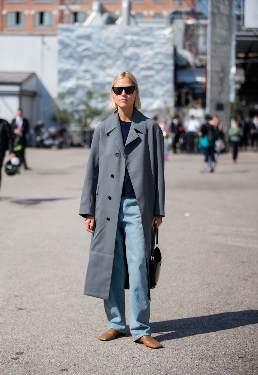 MILAN, ITALY - SEPTEMBER 24: Linda Tol seen wearing grey coat outside Sportmax during the Milan Fash...