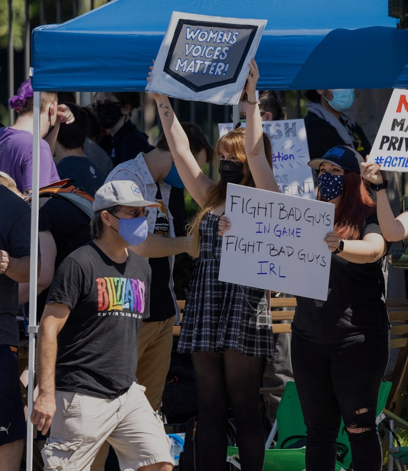 Employees of the video game company, Activision Blizzard, hold a walkout and protest rally to denoun...