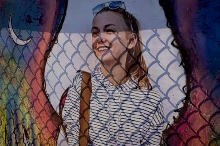HOLBROOK, NY. - SEPTEMBER 26: A memorial poster of Gabby Petito hangs on a fence across the street f...