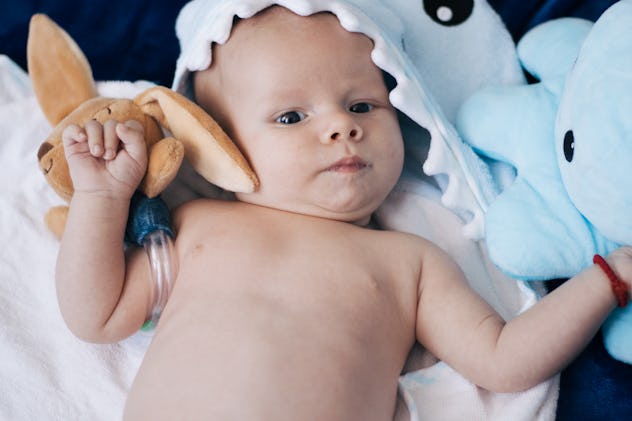 Beautiful baby boy laying in shark towel