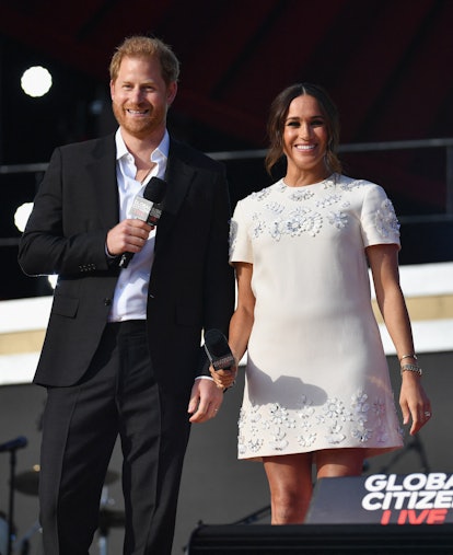 Britain's Prince Harry and Meghan Markle speak during the 2021 Global Citizen Live festival at the G...