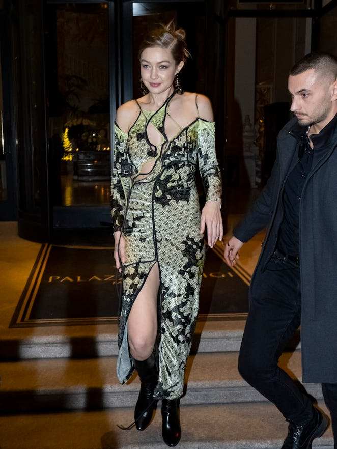 MILAN, ITALY - FEBRUARY 21: Gigi Hadid is seen during Milan Fashion Week Fall/Winter 2020-2021 on Fe...