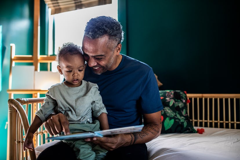 Father reading a book to his toddler at home