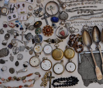 MADRID, SPAIN - SEPTEMBER 26: Several antique objects in a stall at El Rastro, on 26 September, 2021...