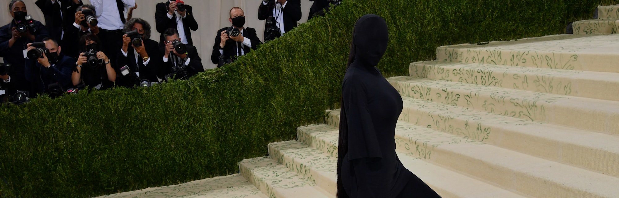 US socialite Kim Kardashian arrives for the 2021 Met Gala at the Metropolitan Museum of Art on Septe...