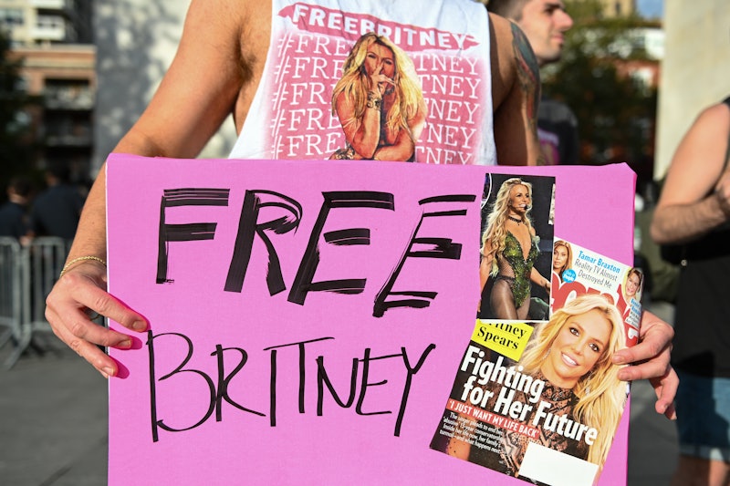 NEW YORK, NEW YORK - SEPTEMBER 29: Britney Spears supporters gather to protest at the #FreeBritney R...