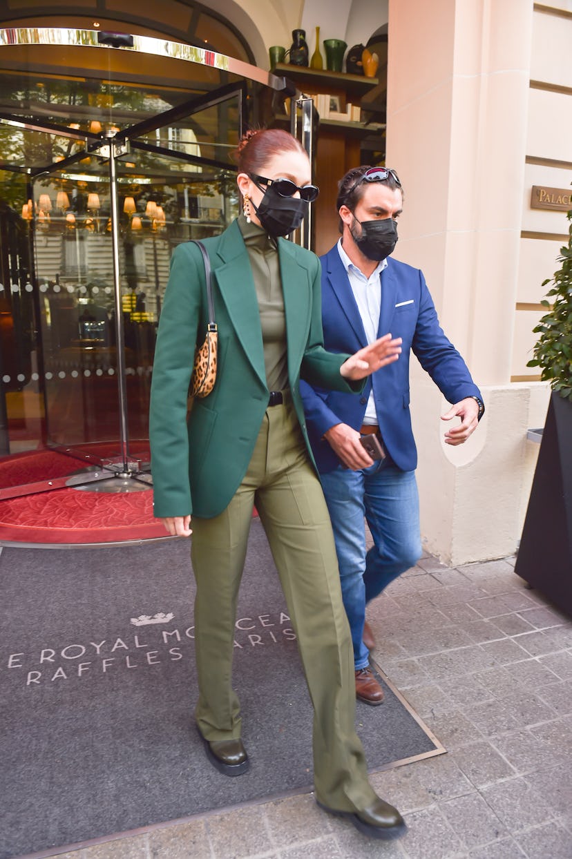 PARIS, FRANCE - SEPTEMBER 28: Gigi Hadid is seen on September 28, 2021 in Paris, France. (Photo by N...