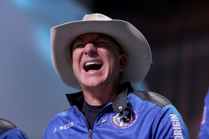 VAN HORN, TEXAS - JULY 20: Jeff Bezos laughs as he speaks about his flight on Blue Origin’s New Shep...