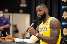 El Sugundo, CA - September 28:Lakers LeBron James at Lakers media day Tuesday, September 28, 2021.  ...