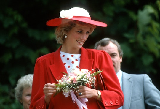 LLANTWIT MAJOR, WALES - JUNE 05: Diana, Princess of Wales, wearing a red jacket designed by Jan van ...