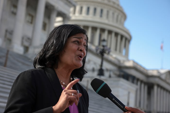 WASHINGTON, DC - SEPTEMBER 23: Rep. Pramila Jayapal (D-WA) speaks to reporters outside of the U.S. C...