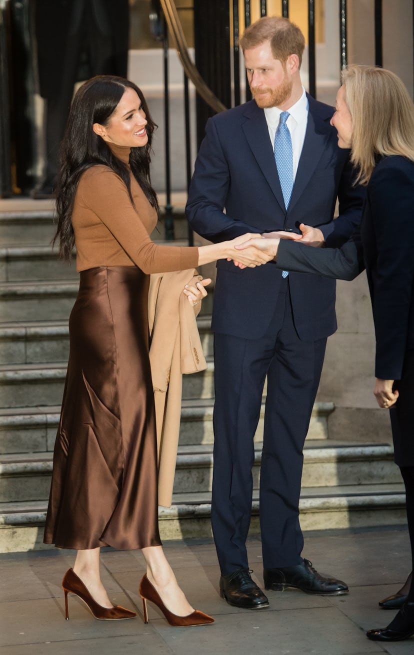 LONDON, ENGLAND - JANUARY 07: Prince Harry, Duke of Sussex and Meghan, Duchess of Sussex leave Canad...