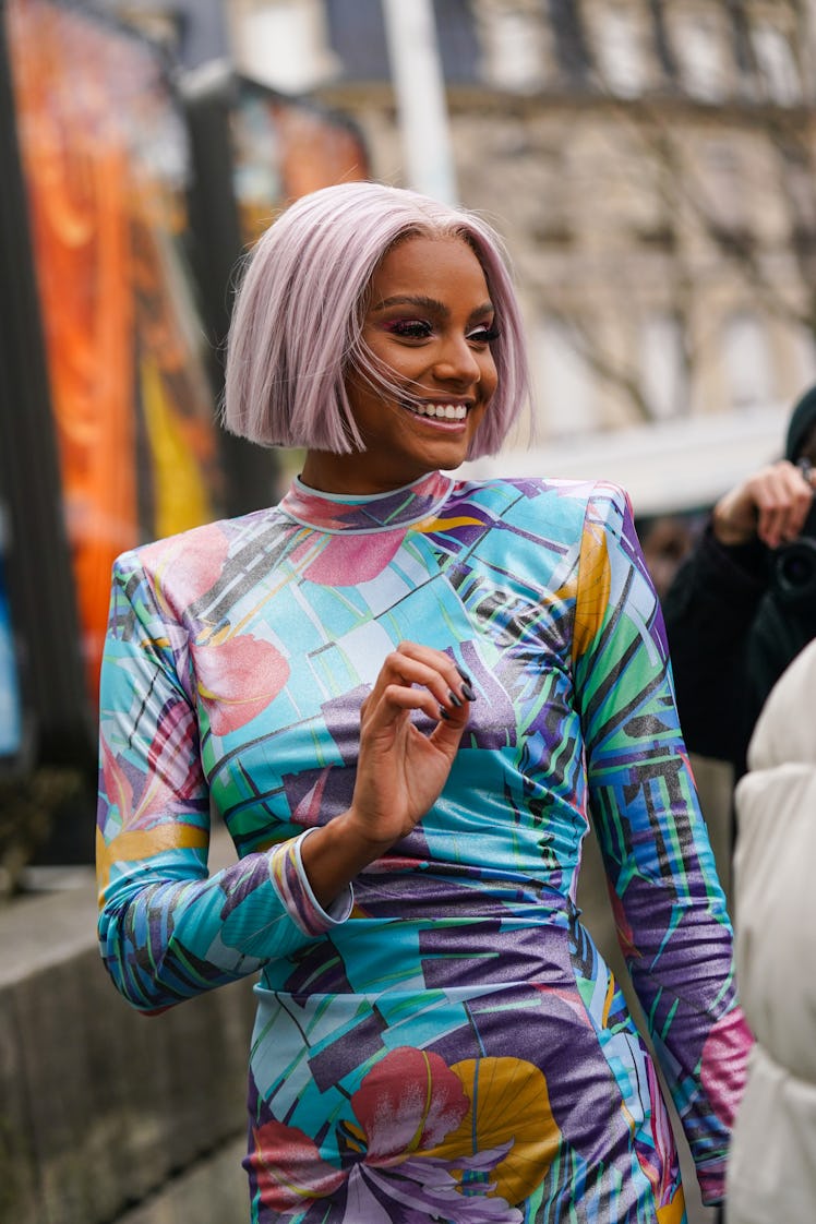 Alicia Aylies with a lavender bob during Paris Fashion Week on February 27, 2020 in Paris, France.