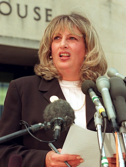 Linda Tripp talks to reporters outside of the Federal Courthouse 29 July in Washington, DC.
