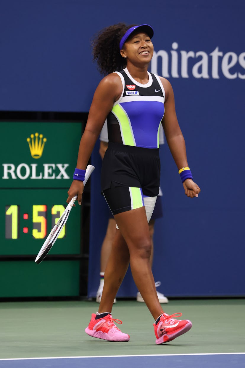 Naomi Osaka of Japan celebrates winning match point during her Women's Singles final match against V...