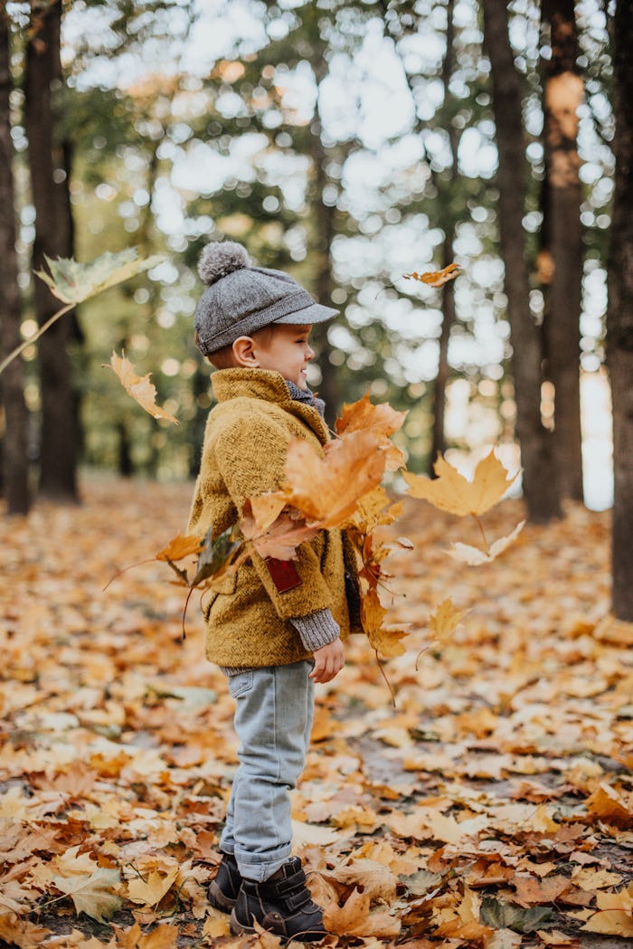Boy playing in fall leaves. 