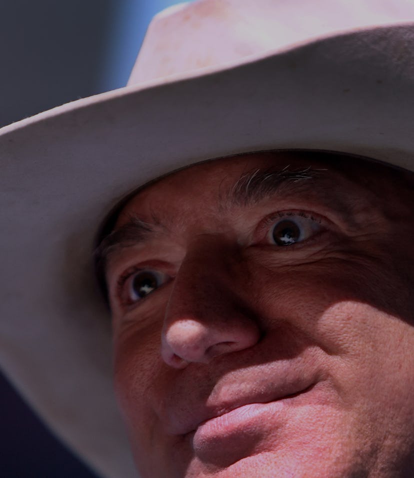 VAN HORN, TEXAS - JULY 20: Jeff Bezos speaks about his flight on Blue Origin’s New Shepard into spac...