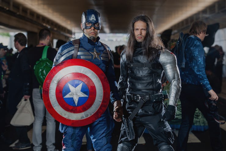 NEW YORK, NY - OCTOBER 07: Fans cosplay as Bucky Barnes and Captain America from the Marvel Univers...