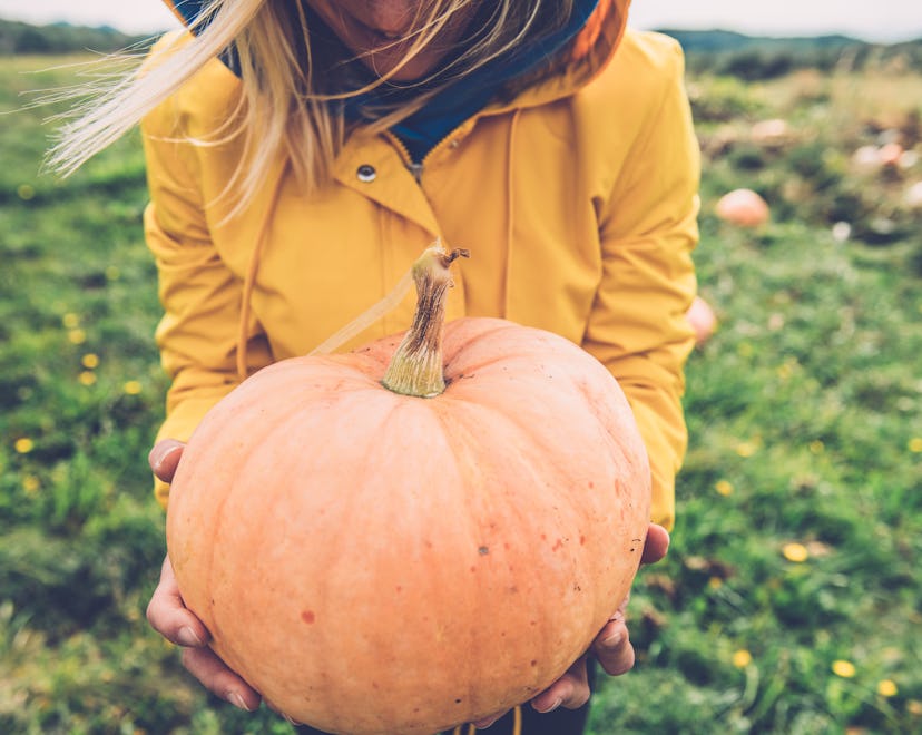 Happy Young Woman holding an Orange Pumpkin in hands