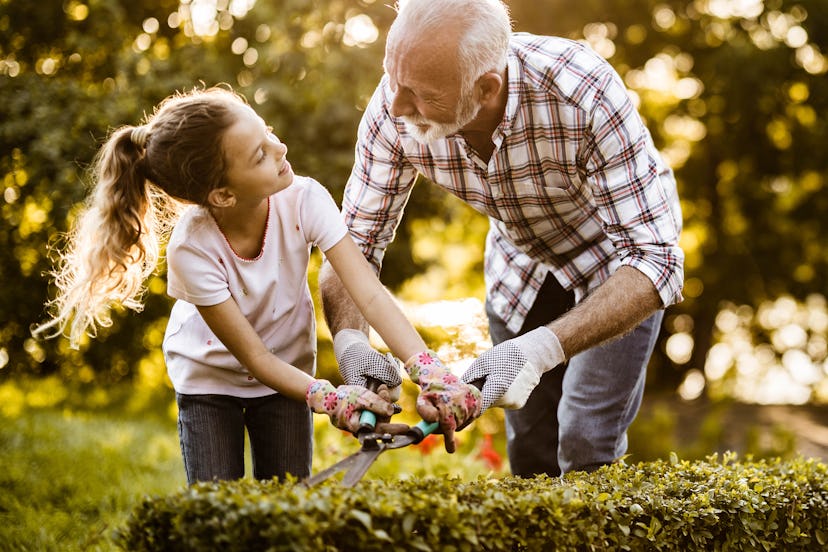 Photo of a more elder adult helping an older child garden. 