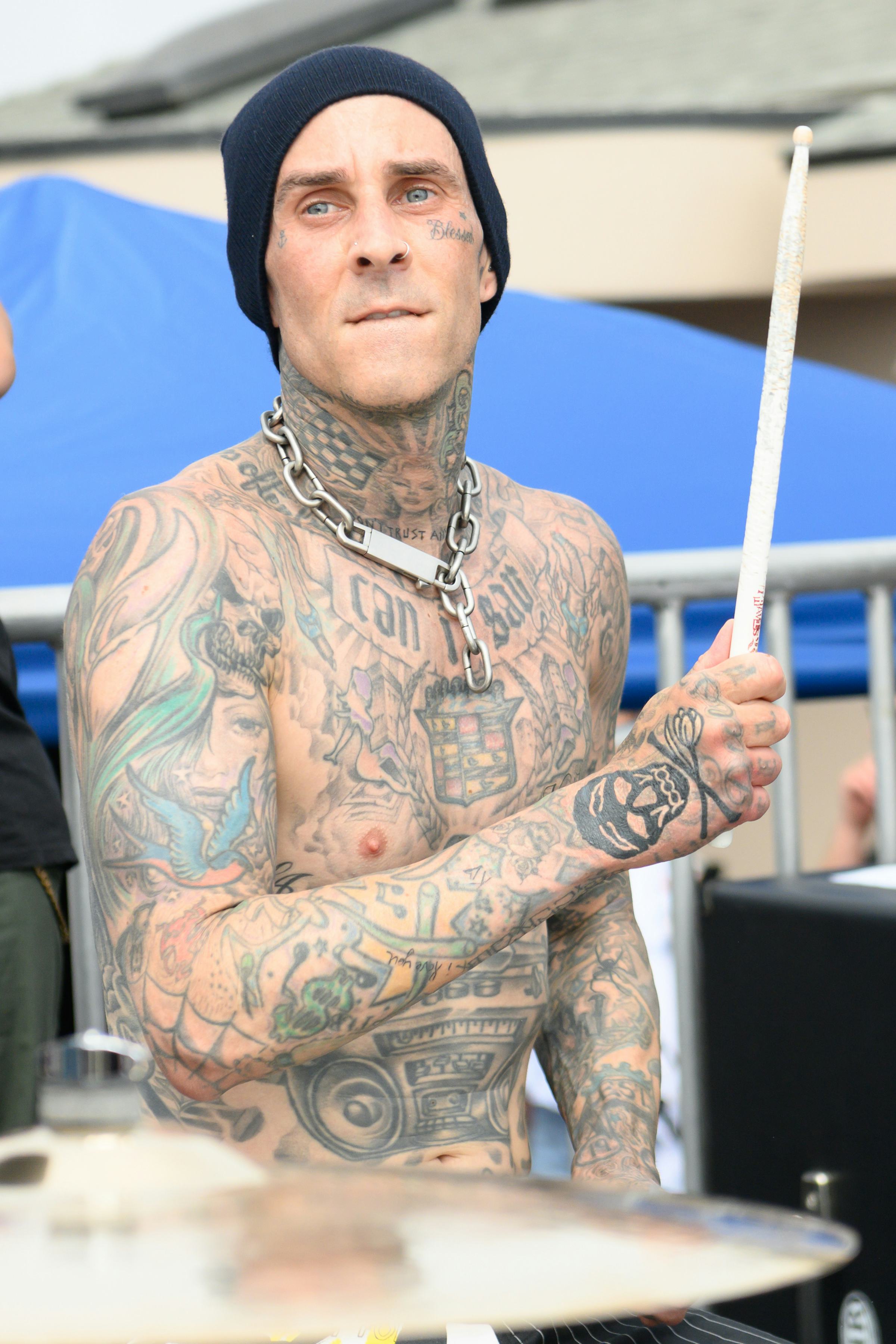 VENICE, CALIFORNIA - JUNE 19: Drummer Travis Barker performs onstage during the Machine Gun Kelly x ...