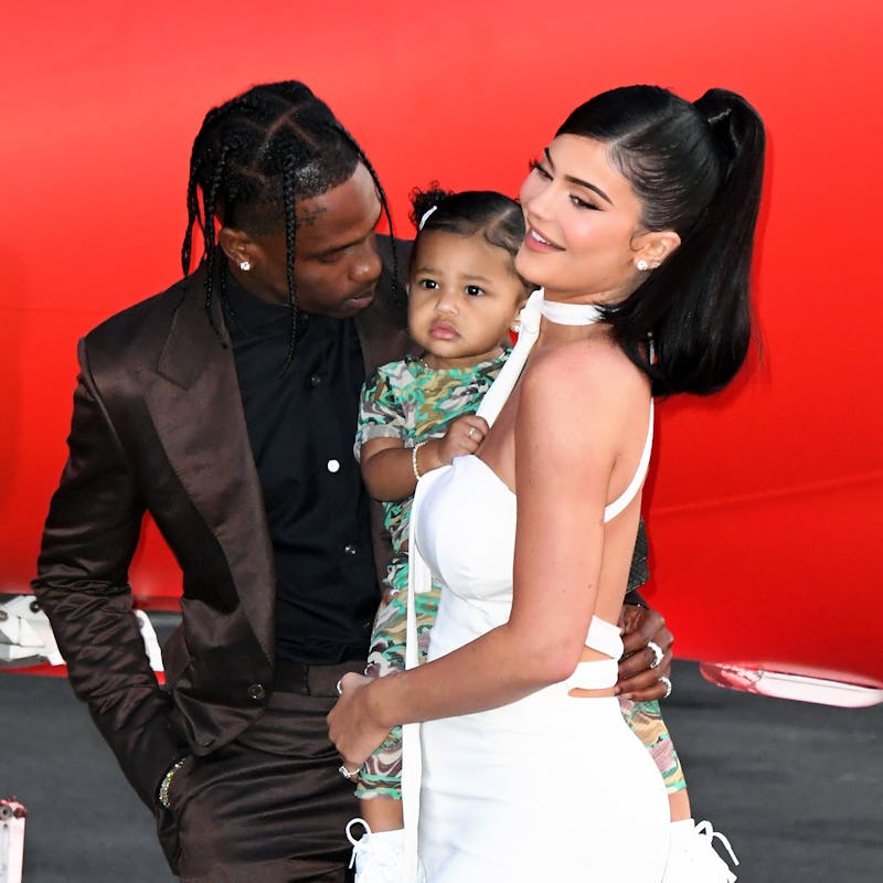 SANTA MONICA, CALIFORNIA - AUGUST 27: (L-R) Travis Scott, Stormi Webster, and Kylie Jenner attend th...