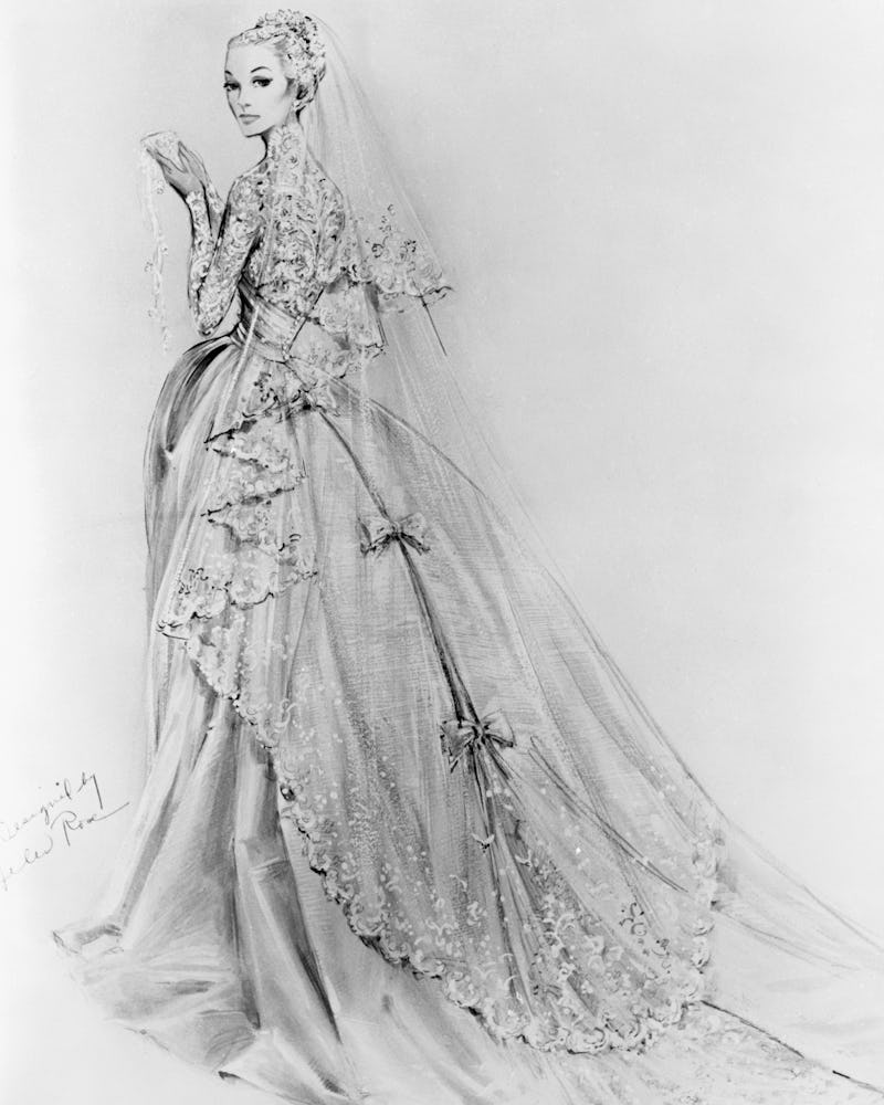 A sketch of Grace Kelly's Cathedral Wedding Gown, created by American costume designer Helen Rose an...