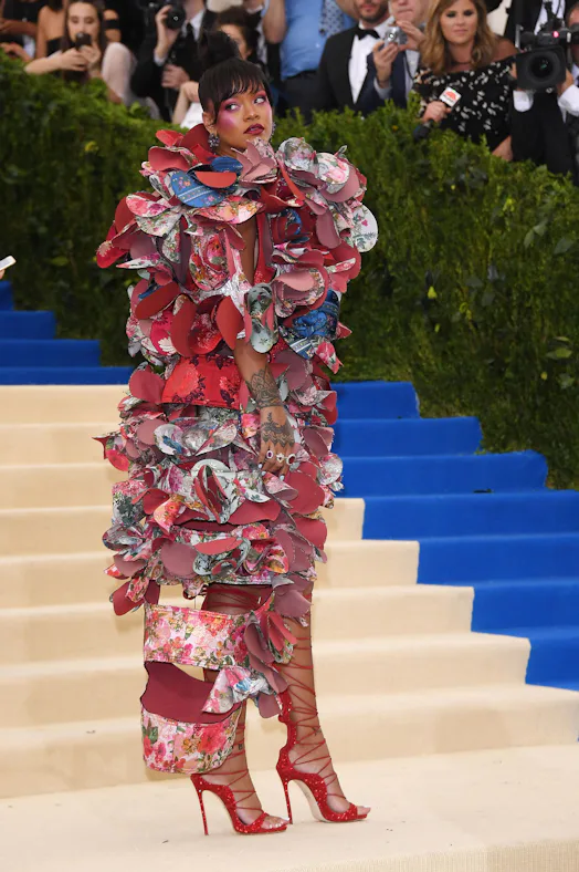 Rihanna bright blush and top knot at Rei Kawakubo themed Met Gala 2017